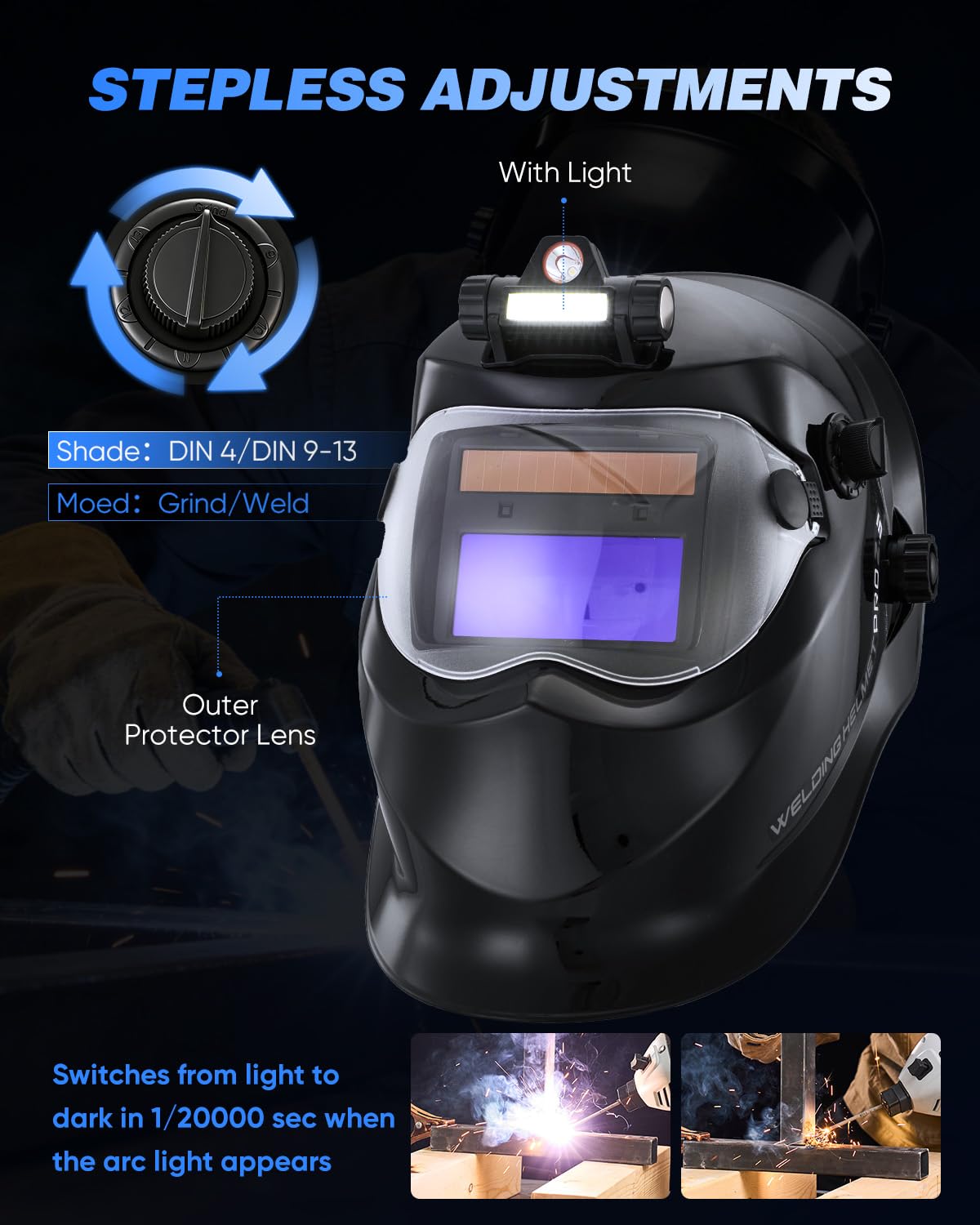 Saker Auto Darkening Welding Helmet with LED Light, 1/1/1/2 Optical Class, True Color View, Solar Powered with 2 Arc Sensors, Shade 9-13 Welding Mask for MIG, TIG, Stick Welding