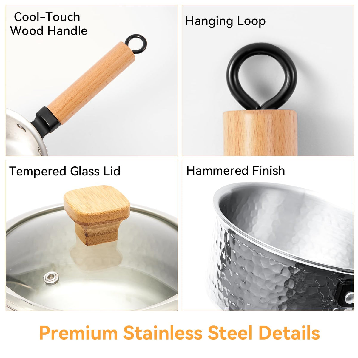 WANGYUANJI 1.8 Quart Stainless Steel Saucepan with Lid, Tri-Ply Steel Small Sauce Pan, Coating-Free Interior, Hammered Finish, Induction Compatible Soup Pot with Tempered Glass Lid & Wood Handle