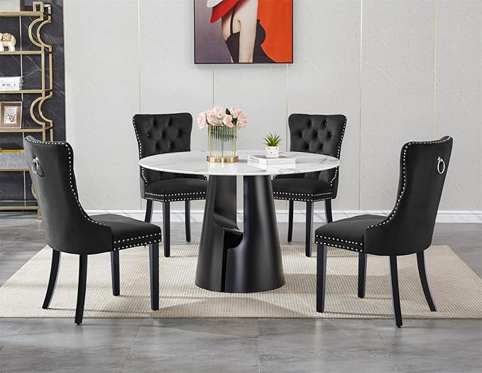 5-Piece Faux Marble Round Dining Table Set for 4, Modern Luxury Kitchen Table Set for 4 with Black Tufted Chairs,Circle Dining Tables with White Marble Grain Top and Black Pedestal Base
