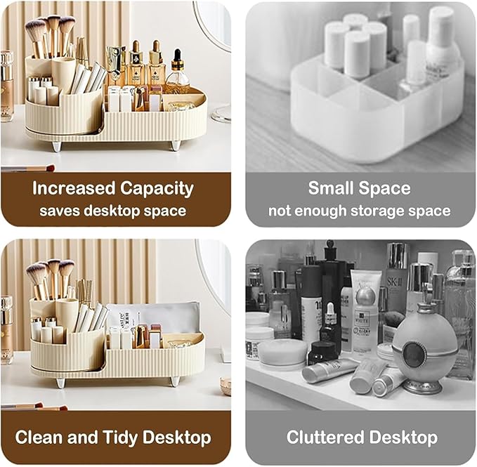 Rotating Cosmetic Organizer, Plastic Countertop Makeup Organizer with Makeup Brush Holder, Large Capacity Cosmetic Display Case, Countertop Makeup & Perfume Organizer with 9 Partitions (White)