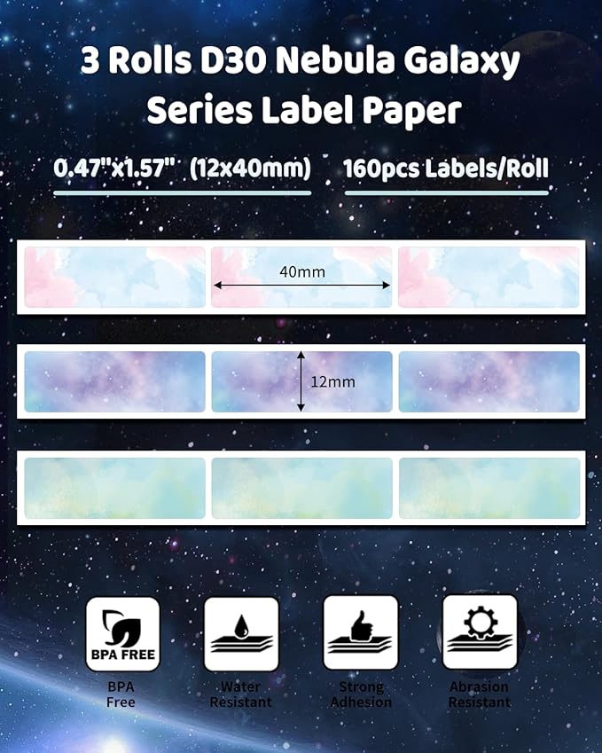Phomemo D30 Label Maker Tape, Black on Colorful Starry Sky Patterns Sticker Thermal Label Paper, Self-Adhesive Label Tape, 0.47" 12 x 40 mm (0.47 x 1.57 Inch) 3-Rolls