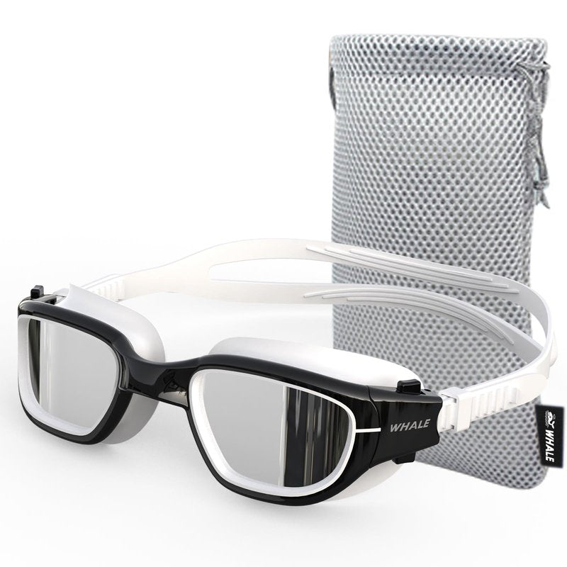 Whale Polarized Swim Goggles, GE Anti-Fog Anti-UV Protection No Leaking Swimming Pool Goggles for Men, Women, and Youth (（Polarized） Classic black and white + Glamour silver)