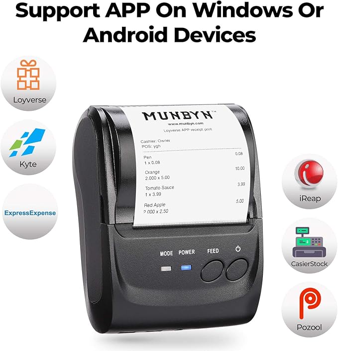 MUNBYN POS Receipt Printer, 58mm Receipt Printer, 2.28inch Wireless Portable Mobile Mini Bluetooth Thermal Printer, Compatible with Android Windows for Small Business, Not-Square, NOT-iOS