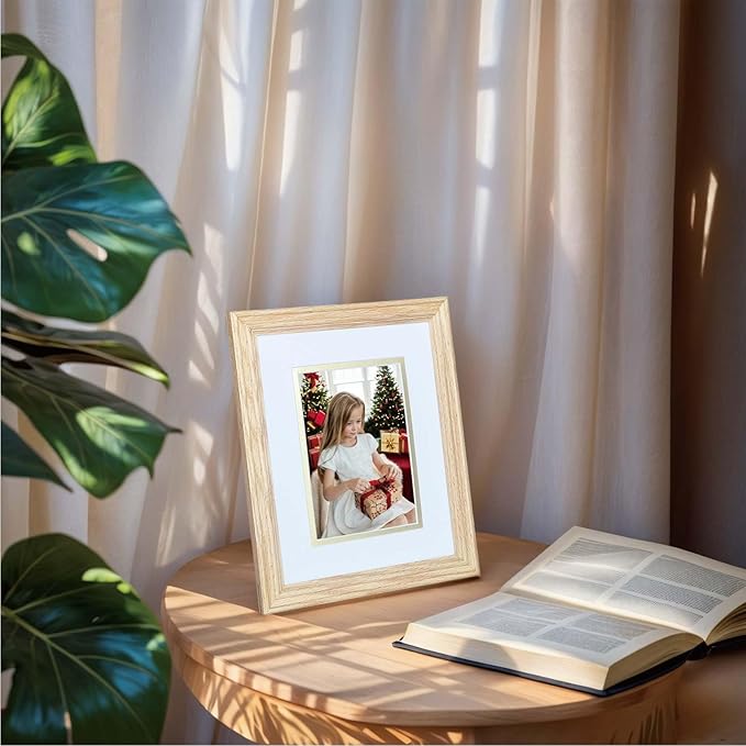 8x10 picture Frame Matted to 5x7, 5*7 Picture Frame with Mat ,8*10 Solid Oak Wood Picture Frames Tabletop or Wall Mount Display，8 by 10 Premium Photo Frame with Real HD Tempered Glass ,Oak Color, 1 Pack