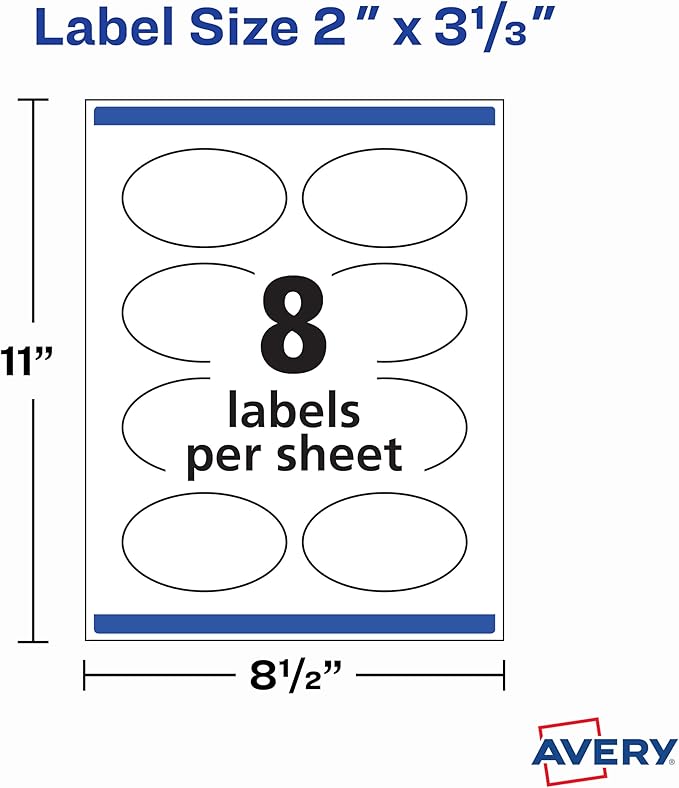 Avery Printable Blank Oval Labels, 2" x 3-1/3", Matte White, 200 Customizable Labels (22570)