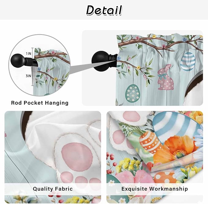 Easter Bunny Window Curtains 63 Inch Long 2 Panel Set, Rod Pocket Bedroom