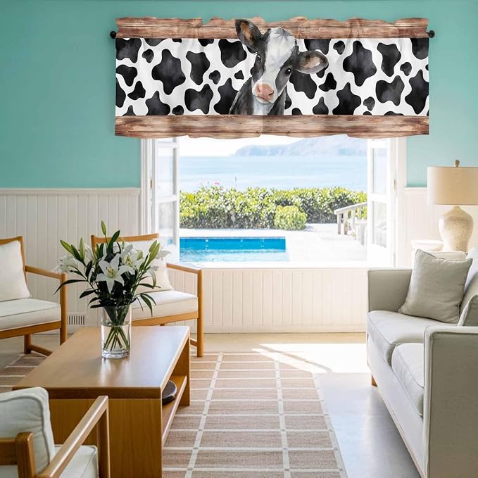 Cow Printed Curtain Valances for Windows, Kitchen Valance Window Treatment