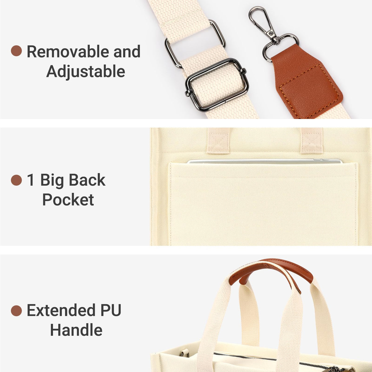 ZORFIN Canvas Tote Bag for Women with Zipper and Pockets Crossbody Work Laptop Book Bag for Travel College Gift, Black E