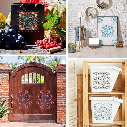 Wall Stencils for Painting Large Pattern, 9Pcs 12 Inch Mandala Stencils for Crafts on Wall Wood Furniture Floor Tile, Plastic Reusable Stencils for Home Decor and Other DIY Projects