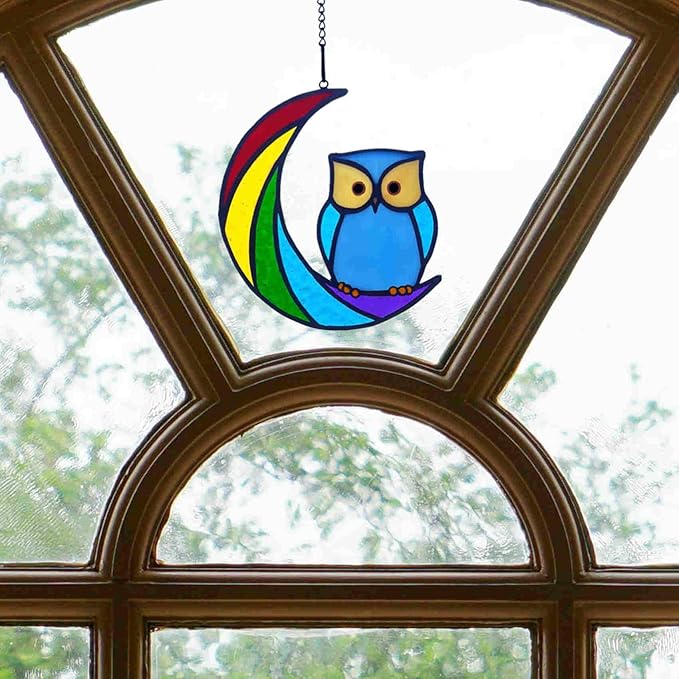 Stained Glass Owl Suncatcher Window Hanging Ornament, Stained Glass Birds Suncatcher for Window Decor,Owl Gifts for Women, Mom