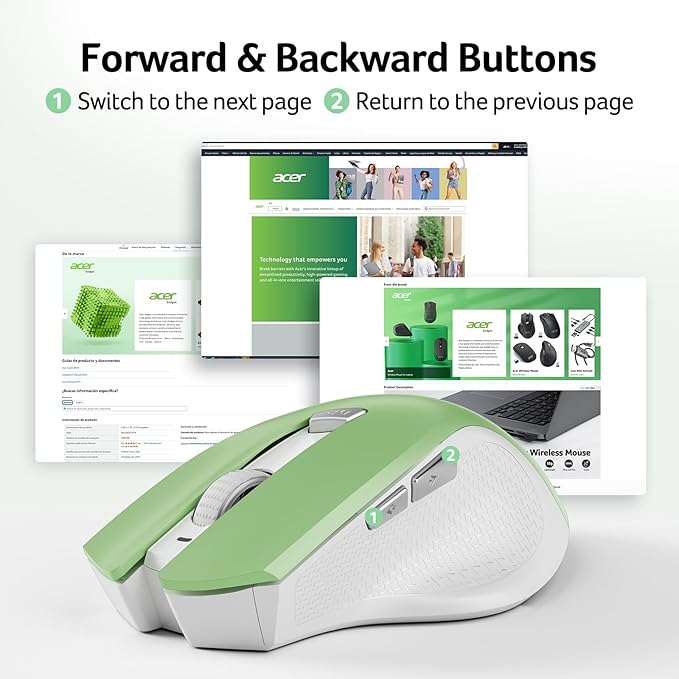 acer Wireless Mouse for Laptop, 2.4GHz Computer Mouse 3 Adjustable DPI Office Cordless USB Mice with USBA Receiver, 6 Buttons, 1600 DPI, Medium to Large Sized Hands (Green)
