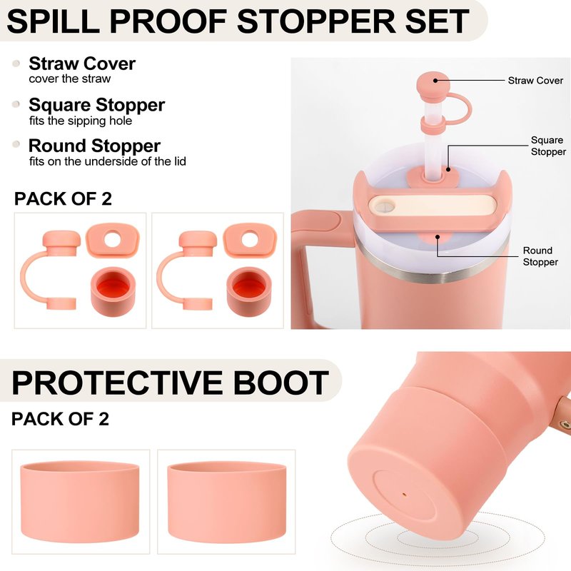 HYZ 8 Piece Accessories for Stanley Cup, Silicone Spill Proof Stopper Set and Protective Boot Including Straw Cover Cap for Stanley H2.0 20oz 30oz 40oz Tumbler, Exclusive Sienna