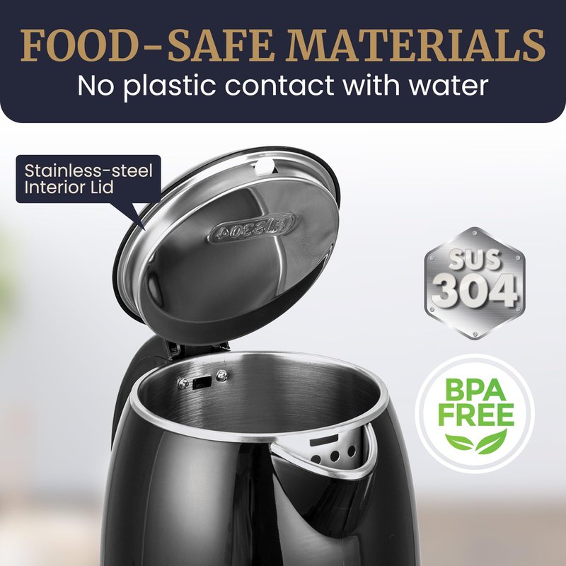 Elite Gourmet EKT1821 1.8L Double Wall Insulated, Cool-Touch 1500W Kettle w/Stainless Steel Interior & Lid, 360° Swivel Base for Cord Free Serving, Power On Lever, Auto Shut-Off, Boil Dry, Black