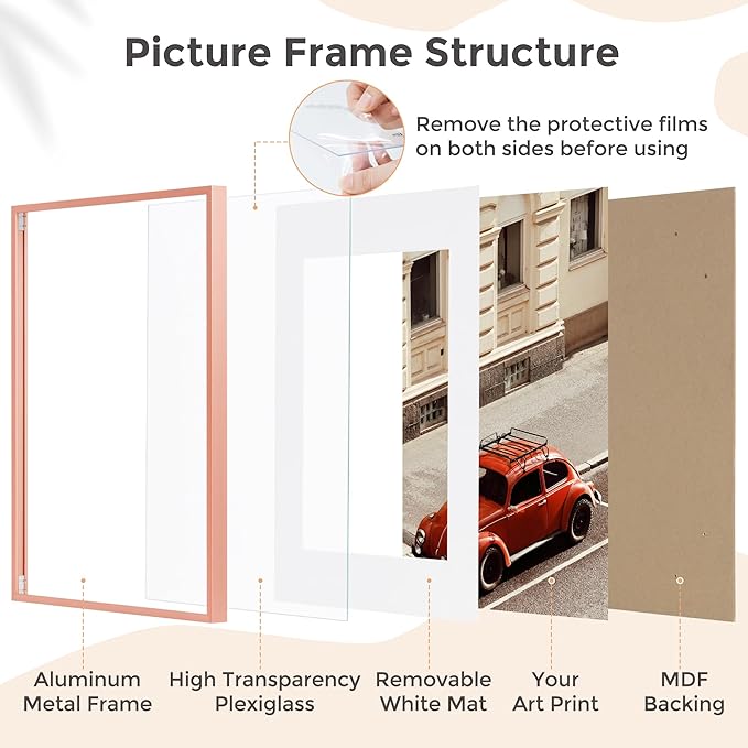 8x10 Picture Frame - 8 by 10 Metal Picture Frame With Mat | 8 x 10 Aluminum Photo Frame | Plexiglass And Hanging Hardware Included | 8x10 Gold Frame | Set of 3, Rose Gold