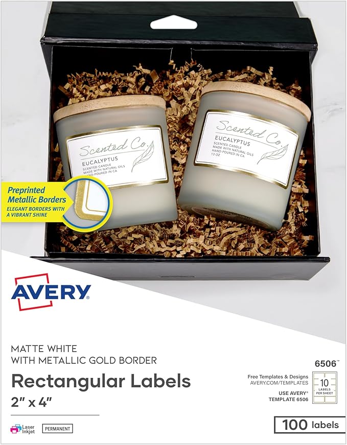 Avery Printable Rectangle Labels, 2" x 4" Blank Labels, Shipping, Matte White, Metallic Gold Border, Permanent Adhesive, Laser/Inkjet Printable, 100 Total (6506)
