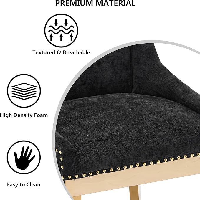 Luxury Fabirc Upholstered Dining Chairs Set of 2,Neutral Chenille Kitchen Room Chair with Nailhead Trim,Modern Padded Side Chairs for Dining Room,Living Room,Bar (Black-Gold, Set of 2)