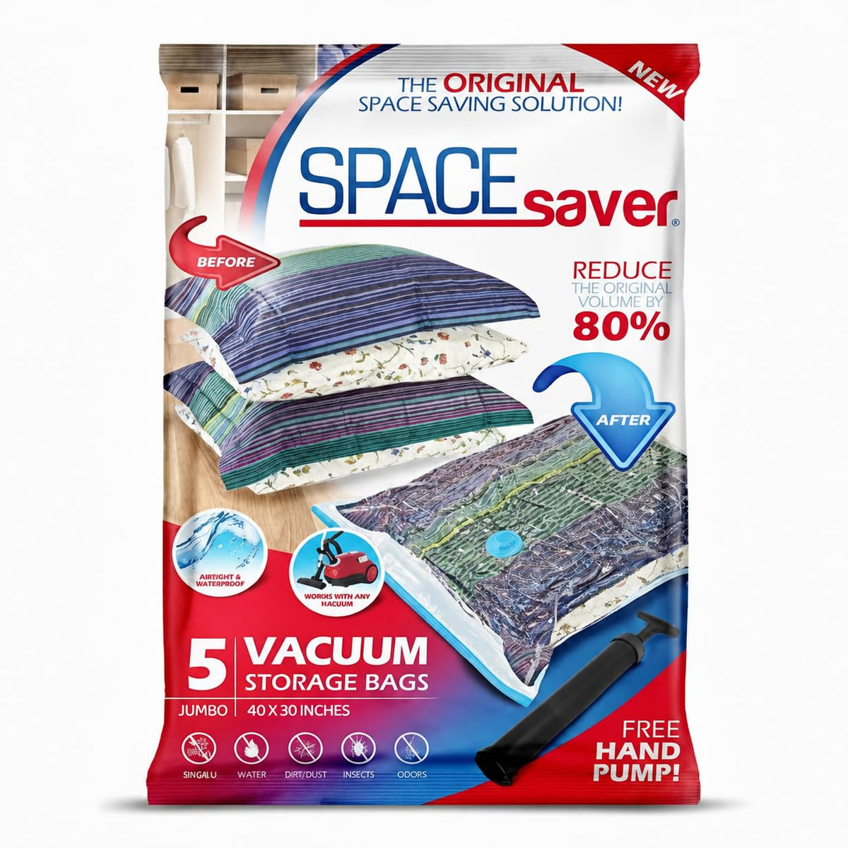 Spacesaver 2 Pack Jumbo Vacuum Storage Bags for Blankets & Clothes – Jumbo Vacuum Sealed Compression Bags with Hand Pump – Space Saver Storage Bags for Bedding, Moving, Travel & Organization