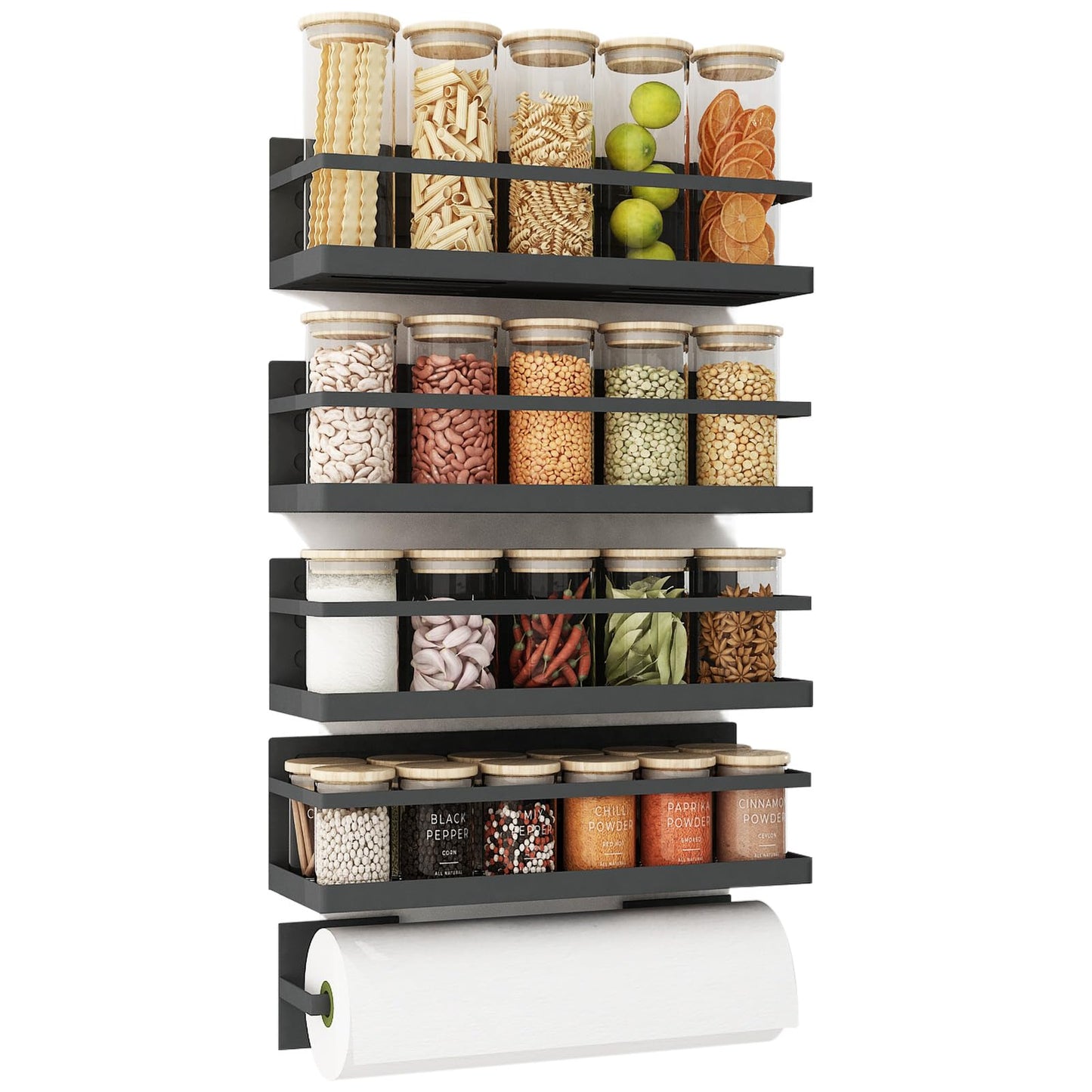 Roysili Magnetic Spice Rack for Refrigerator Magnetic Fridge Shelf for Kitchen Spice Organizer Magnetic Shelf for Fridge Space Saving Black 4 Pack with Magnetic Paper Towel Holder