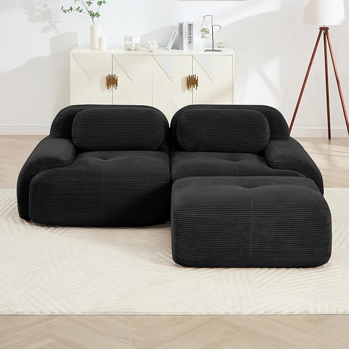 80" Modern Corduroy Boneless Love Seat Couches with 1 Ottoman, 2 Seater Large Sectional Couches for Living Room, Black Cloud Modular Sectional Sofa, Memory Foam, Extra Deep Loveseat, No Assembly
