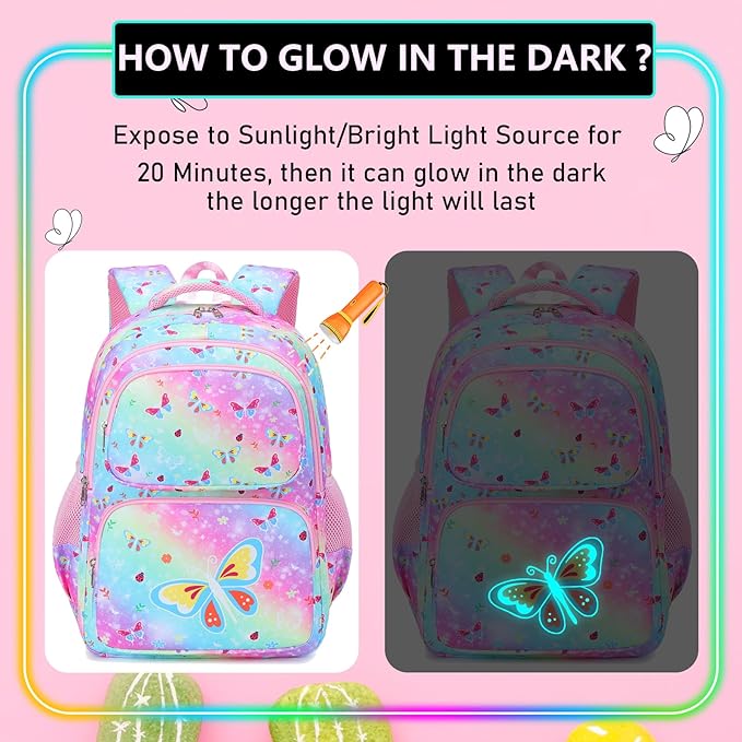 Girls Backpack with Lunch Box Glow in Dark Butterfly Bookbag Teens Ages 4-12 Kindergarten Elementary Middle School Butterfly Backpack, Luminous Butterfly Rainbow