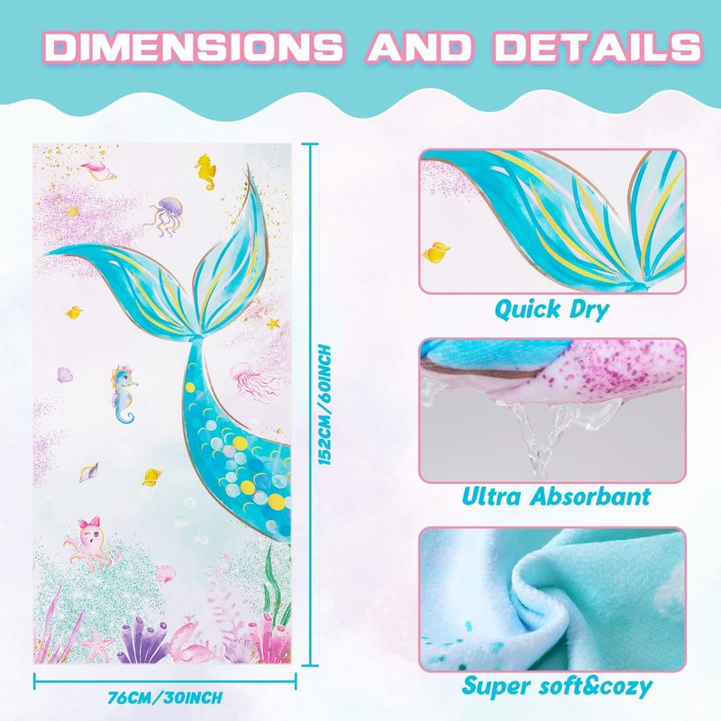 WERNNSAI Mermaid Kids Beach Towel - 30” x 60” Microfiber Mermaid Sand Free Towels for Girls Bath Pool Camping Travel Towel Quick Dry Ultra Absorbent Super Soft Beach Blanket Bath Shower Towel