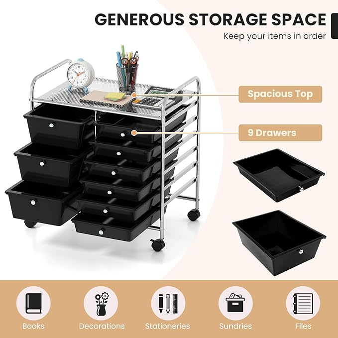 COSTWAY Rolling Storage Cart with 9 Drawer, Mobile Utility Cart with Metal Frame, Art Supply Craft Organizer, Multipurpose Storage Organizer for Paper, Office, School Teacher, Classroom, Black