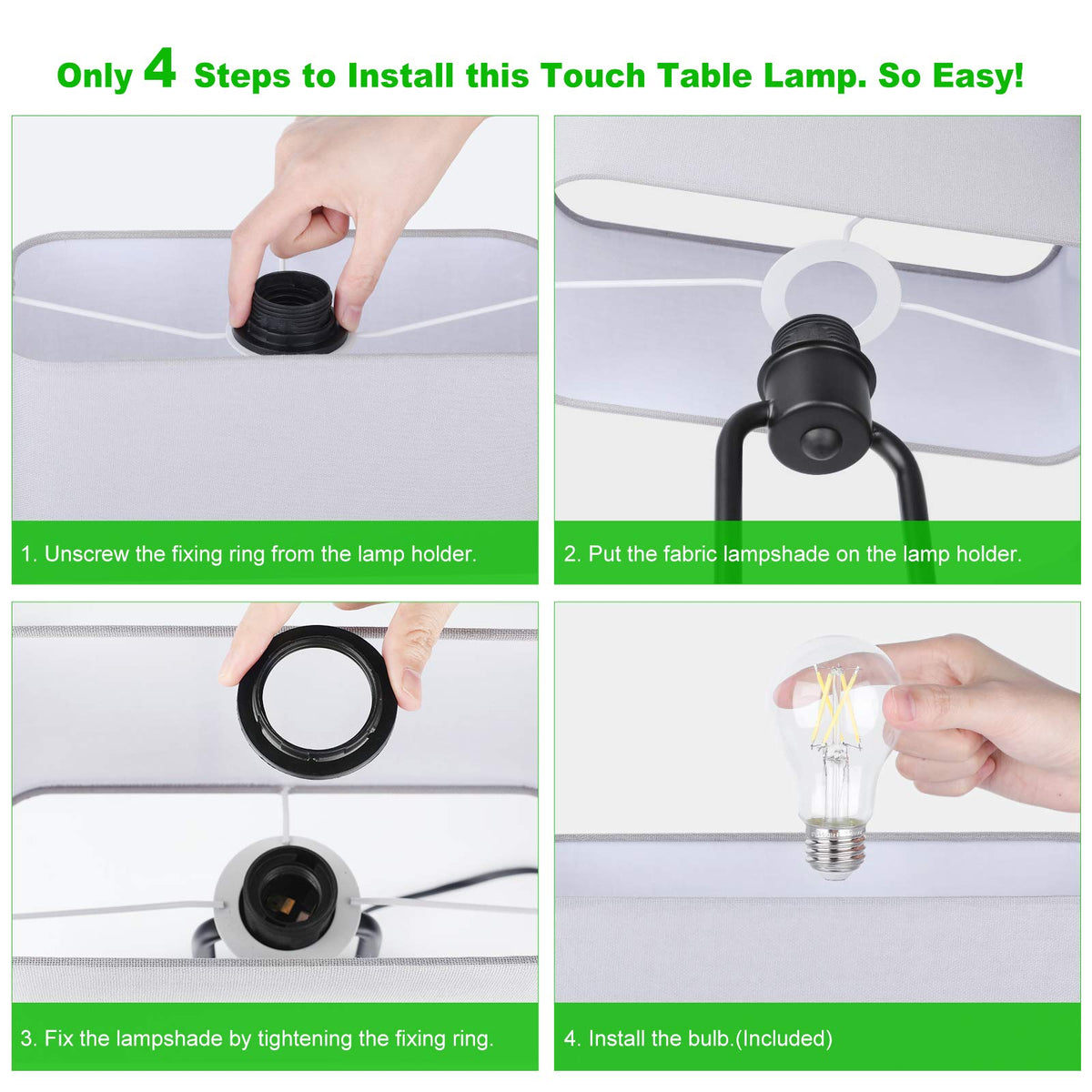 Lakumu Bedside Touch Control Table Lamps with Dual USB Charging Ports 1 AC Outlet, 3 Way Dimmable Modern Nightstand Lamp with Grey Fabric Shade, Desk Lamp for Bedroom Living Room with 5000K LED Bulb