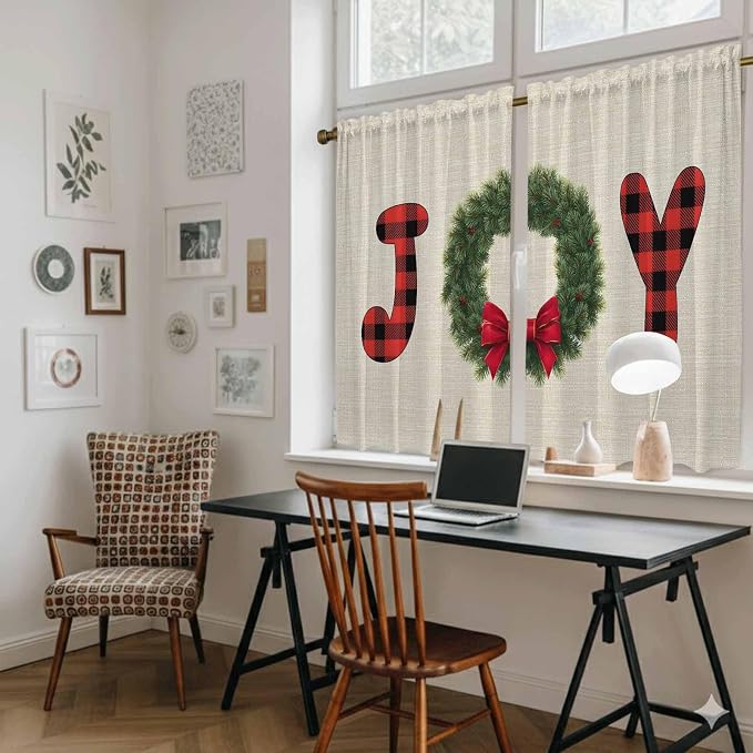Red Green Christmas Kitchen Tier Curtains 45 Inch Long 2 Panel Set, Rod Pocket