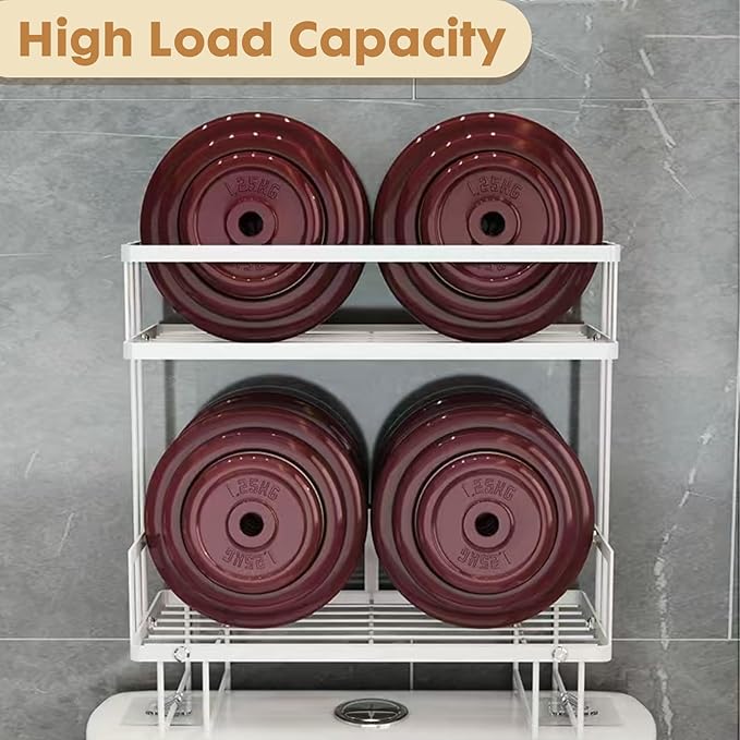ShellKingdom Over The Toilet Storage Shelf, 2 Tier Toilet Paper Holder Stand Shelves, Punch-Free Bathroom Storage Rack with 2 Hooks, Small Space Organizers for Bathroom, Home, Countertop, White