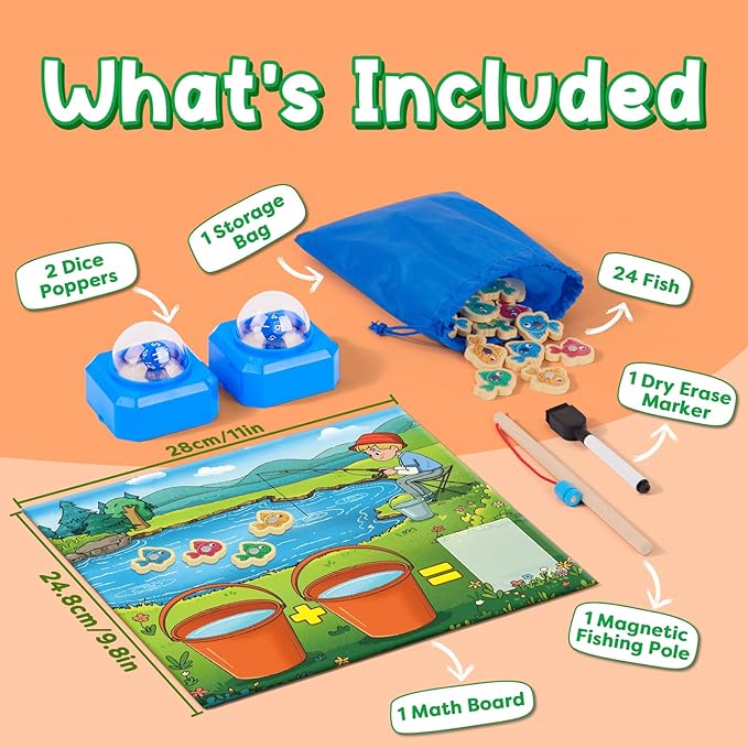 Magnetic Fishing Math Game for Kids with Dice Poppers, Fishing Game, Math Manipulatives for Kindergarten Preschool, Montessori Counting and Addition Dice Games Homeschool Learning Toy