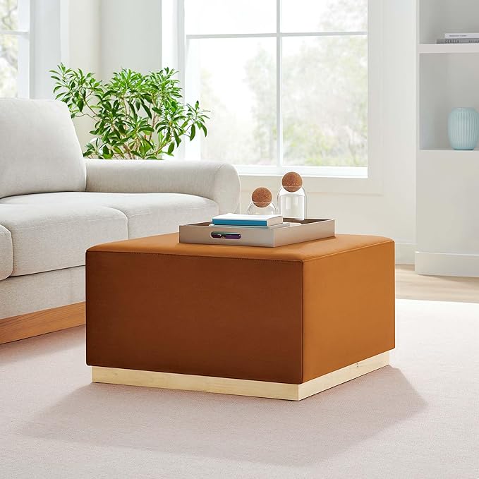 Modway Tilden 28 Inch Square Performance Velvet Upholstered Ottoman in Rust Natural - Large Ottoman Foot Rest with Rubberwood Plinth Base, Living Room Ottoman Coffee Table - Velvet Ottoman Table