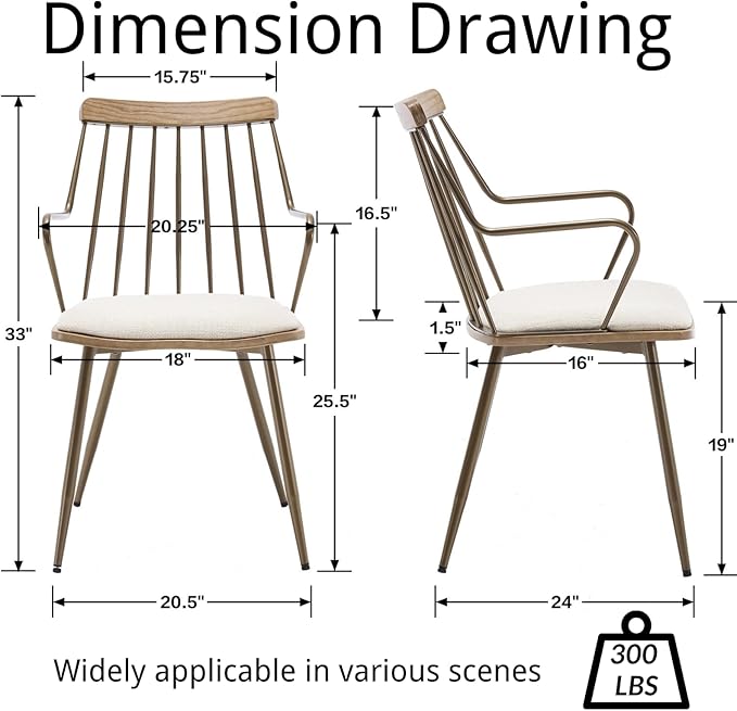Modern Dining Chairs Set of 4, Upholstered Dining Chairs with Metal Leg, Wood Kitchen Chairs with Fence-Like Back and Curved Arm for Dining Room Kitchen Restaurant Reception (Beige)