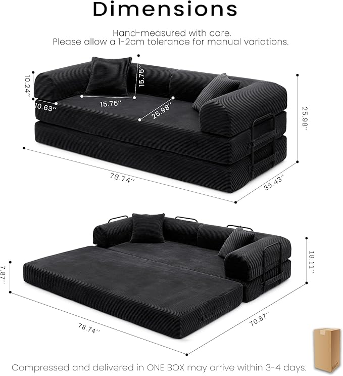 Compression Sofa - 79'' Convertible Sofa Bed, Boneless Couch in a Box, Modular Corduroy Foldable Sleeper Sofa with 2 Pillows, Loveseat Couches for Living Room (Corduroy Fabric, Black)