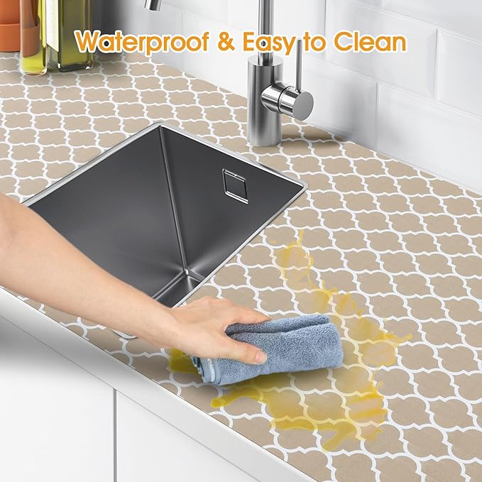 Shelf and Drawer Liner for Kitchen Cabinets Non-Adhesive, Strong Grip Non-Slip Thickened Cabinet Liners for Shelves, Waterproof Mats for Dresser Cupboard, Beige, 23 in x 10 Feet