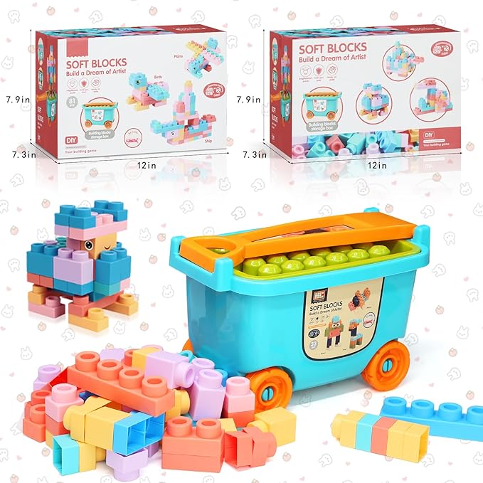 Large Particle Soft Building Block Toys with Storage Box with pull rods for Toddler Aged 18 Months to 6 Years old.Preschool Toys Suitable for Kindergarten, Parent-child Interaction etc(81P)
