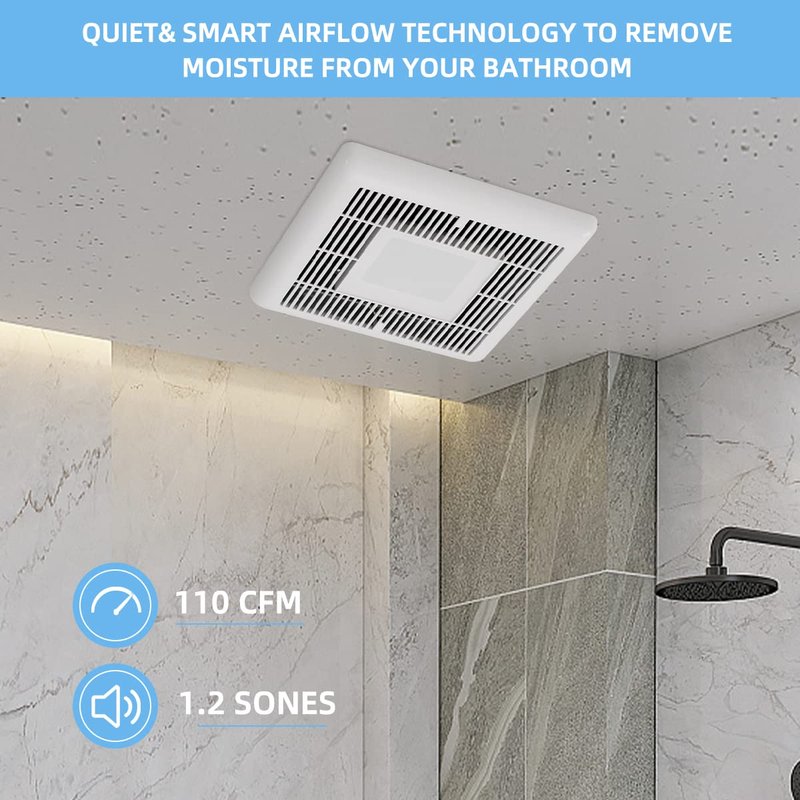 Tech Drive Bathroom Fan with Light 110 CFM, 1.2Sone No Attic access Needed Installation,Very Quiet Bath Ventilation and Exhaust Fan with LED Light 4000K 800LM, 4inch Duct,White Plastic Grille