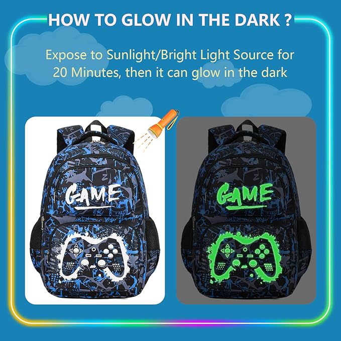 Boys Backpack with Lunch Box Glow in Dark Gamer Bookbag Kids Ages 4-12 Kindergarten Elementary Middle School Gaming Backpack, Gamer Blue