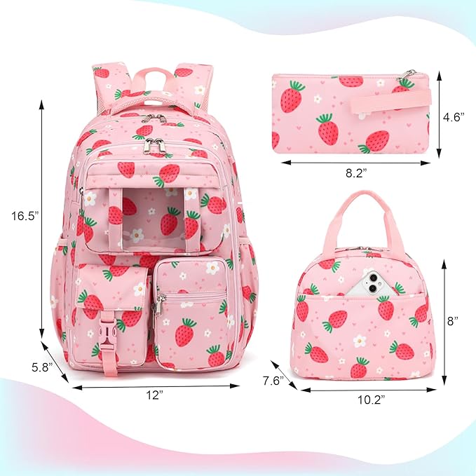 School Backpack for Girls 3Pcs Set Elementary Middle School Book Bags with Lunch Box Pencil Case