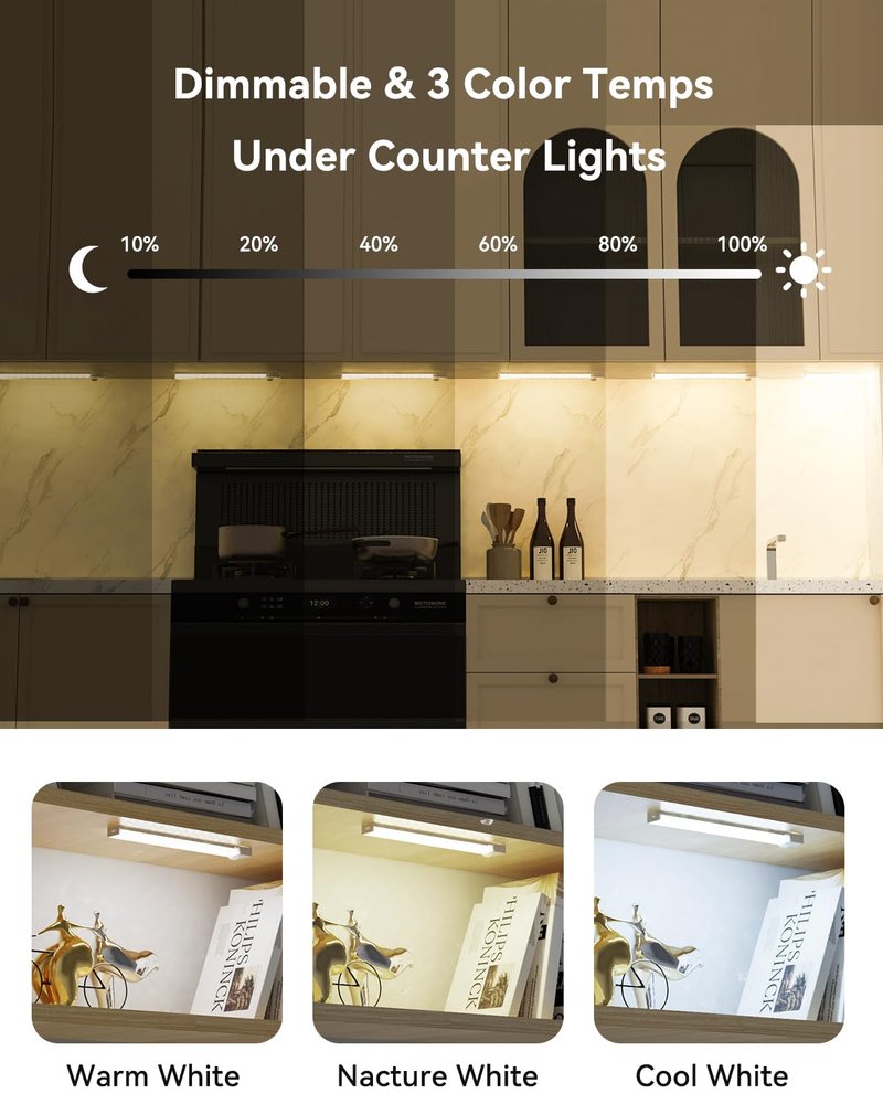 Rihvy Under Cabinet Lighting Wireless, 3 Packs Rechargeable Motion Sensor Light Indoor Disassembled, 3 Color Temps Closet Light Stick on, 8 Inches Under Counter Lights for Kitchen, Wardrobe, Bedroom