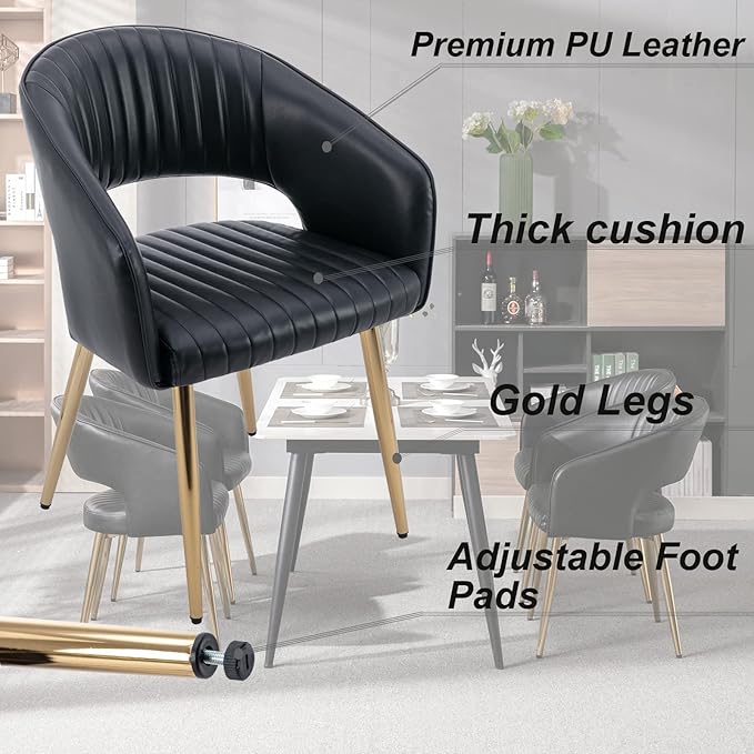 Modern Dining Chairs Set of 2, Upholstered PU Leather Gold Dining Room Chairs with Hollow Back, Accent Armrest Kitchen Chairs with Gold Legs for Living Room Black