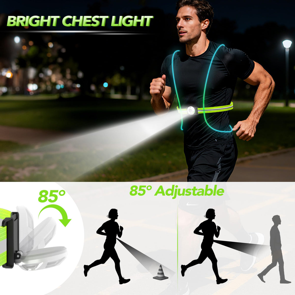LED Reflective Running Vest Lights for Runners, Running Lights with Front Light, Safety USB Rechargeable Reflective Night Lights For Men/Women Running Walking Cycling, Three Light Modes with 7 Colors