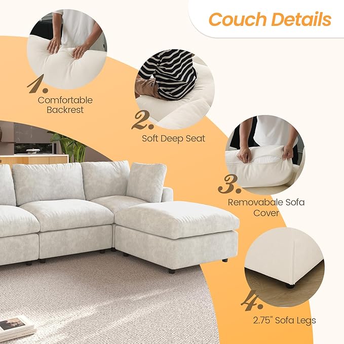 JACH U Shape Sectional Couches for Living Room, Convertible Modular Sofa with Ottomans, Cloud Sectional Couch, Sofa Covers Washable, Minimalist Couch for Living Room, Apartment, Beige