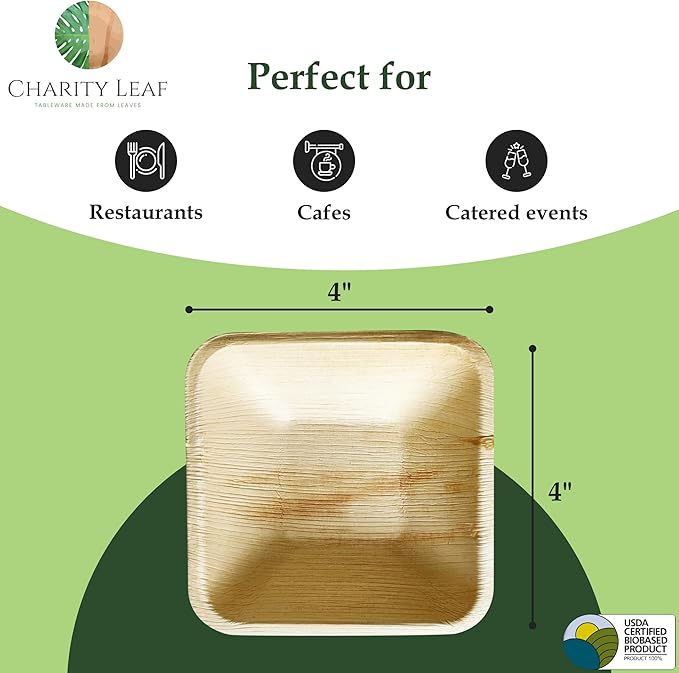 Charity Leaf Disposable Palm Leaf 4" Square Bowl (1000 pcs) Dipping Bowls | Bamboo Like| All Natural and Biodegradable | Charcuterie Boards, BBQs, and Parties