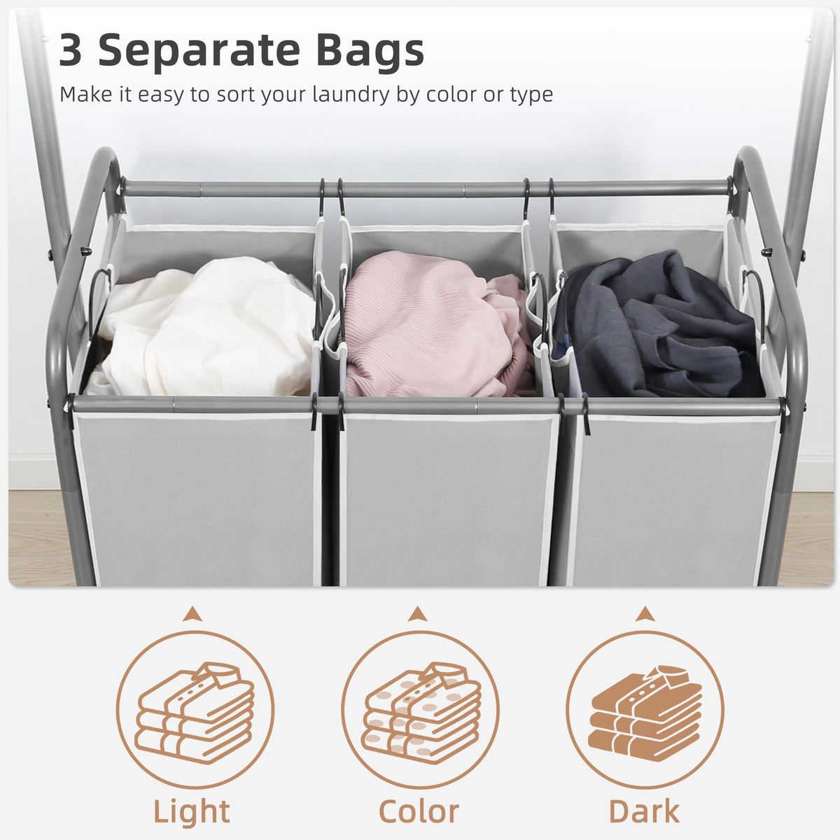 STORAGE MANIAC 136L Laundry Sorter with Hanging Bar, Portable, Removable Laundry Hamper Cart with Heavy Duty Rolling Lockable Wheels and Removable Bags, Rolling Laundry Basket Organizer, 3 Section