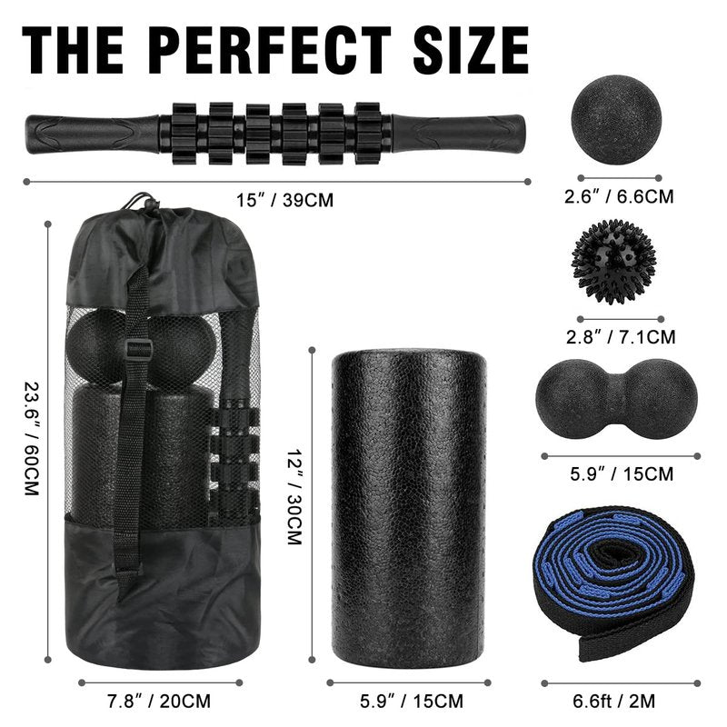 Foam Roller Set - High Density Back Roller, Muscle Roller Stick,2 Foot Fasciitis Ball, Stretching Strap, Massager Ball for Whole Body Physical Therapy & Exercise, Yoga, Back Pain, Leg, Deep Tissue