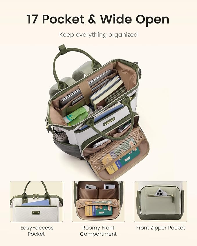 LOVEVOOK Laptop Backpack for Women with Giant Tumbler Holder,18 inch Professional Nurse Teacher Backpack Computer Laptop Bag,Cute Travel Backpack Purse Work College Bag,Beige-Bean green-Army green