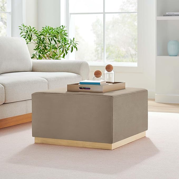 Modway Tilden 28 Inch Square Performance Velvet Upholstered Ottoman in Taupe Natural - Large Ottoman Foot Rest with Rubberwood Plinth Base, Living Room Ottoman Coffee Table - Velvet Ottoman Table