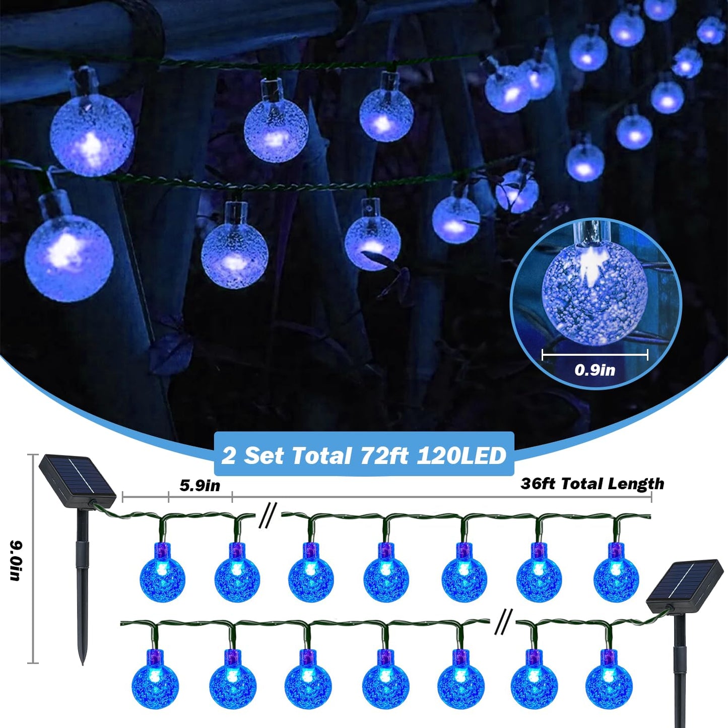 USOKYO Solar Lights Outdoor Waterproof, 2 Pack Total 120LED 72FT Solar String Lights for Outside with 8 Modes, Outdoor String Lights Crystal Globe Patio Lights for Garden Yard Party Decor (Bule)