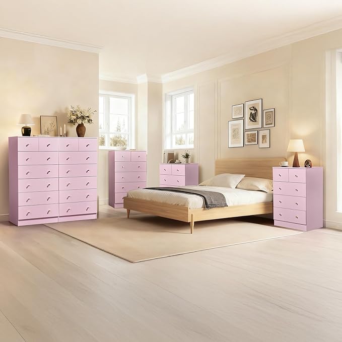 Karl home Pink 6 Drawer Dresser for Bedroom, Tall Dresser Chest of Drawers, Rustic Wood Bedroom Dressers Clothes Organizer, Anti-Tipping Device, Rose Gold Metal Handle, Living Room, Entryway, Office