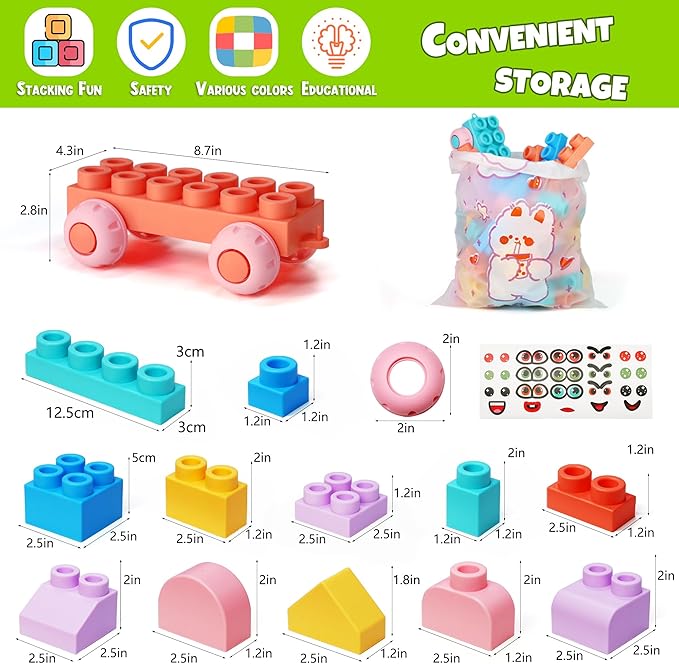 45 Pcs Soft Building Blocks for Toddlers 18M+, BPA - Free Sensory Toys, Montessori STEM DIY Construction Bricks, Safe Teething & Early Learning Toys, Creative Building Set for Baby Kids